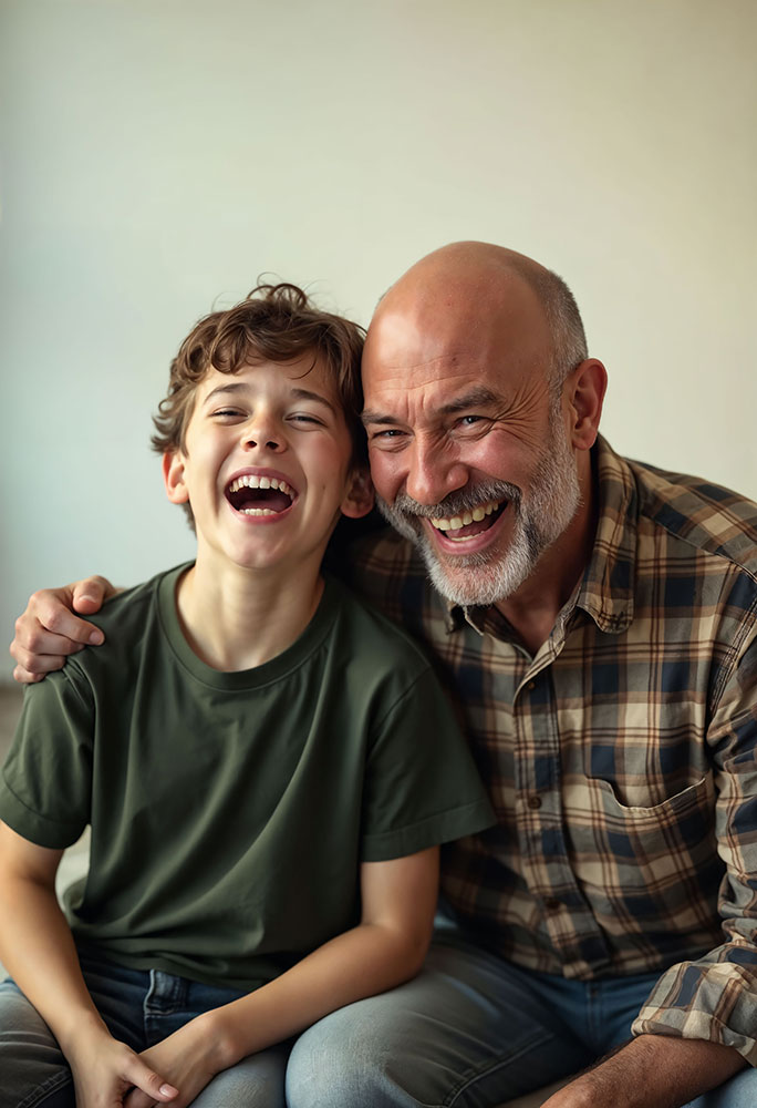 Grandfather and grandson smiling together, sharing a joyful moment of laughter.