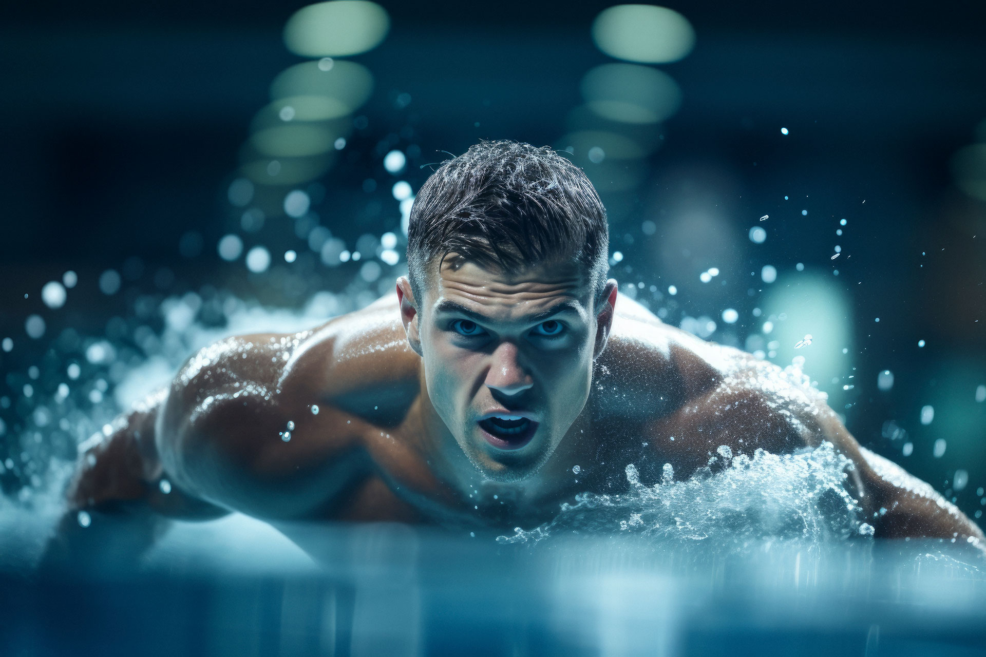 Intense close-up of a male swimmer performing the butterfly stroke, splashing through the water.